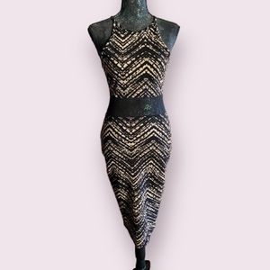 Lovely Day Black & Tan Patterned High Neck Mesh Panel Bodycon Midi Dress